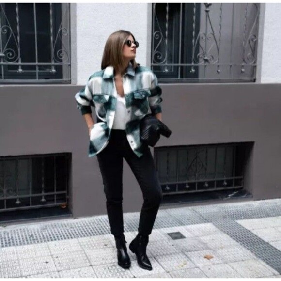 ZARA Oversize Plaid Shacket Wool Blend Jacket Women M Green White Flannel Layer - Picture 8 of 16